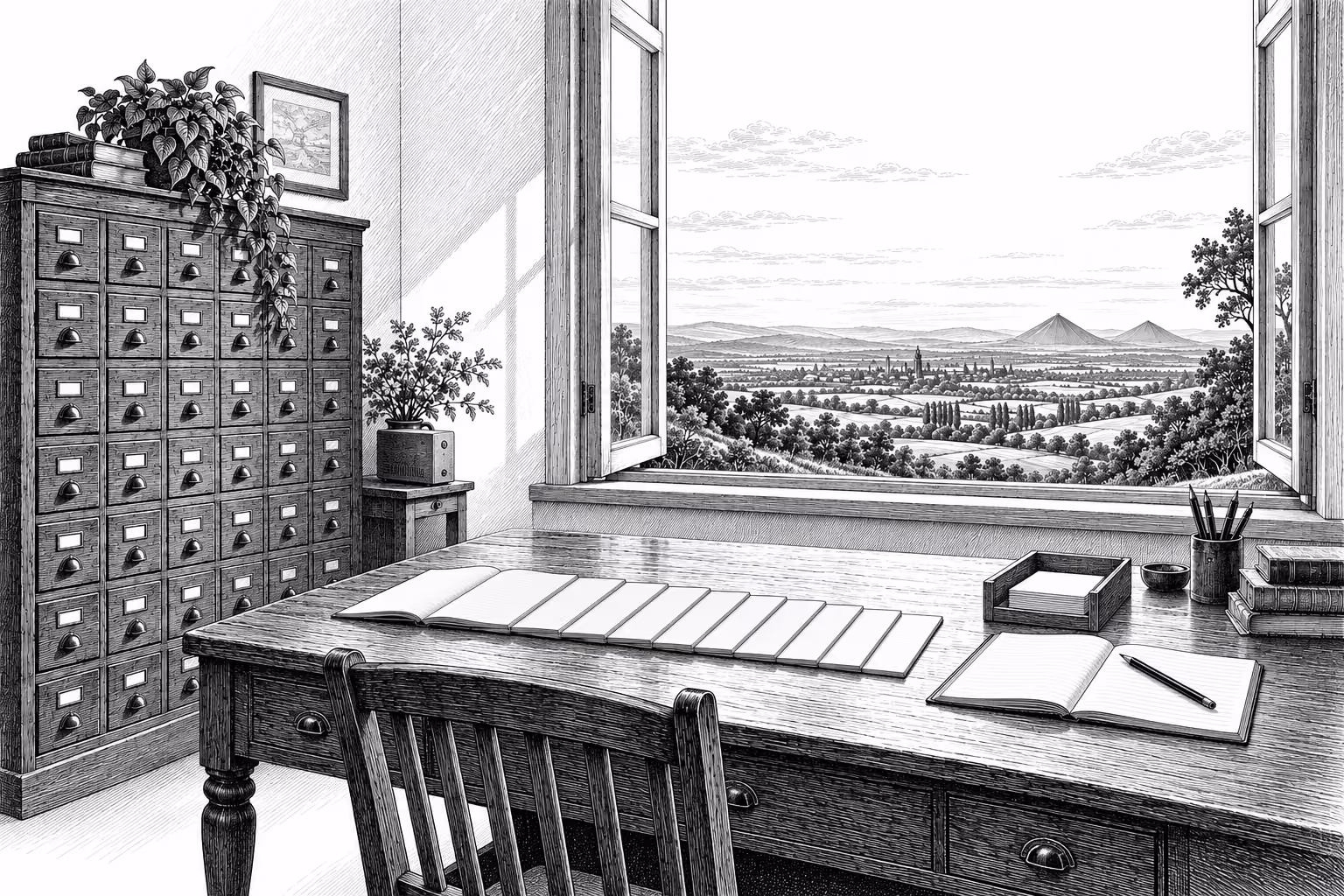 Gravure : le bureau au matin, onze livrets alignés sur la table, un carnet ouvert et la vallée par la fenêtre.