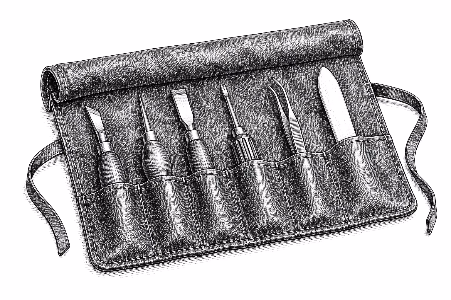 Gravure : une trousse en cuir déroulée, six outils alignés.