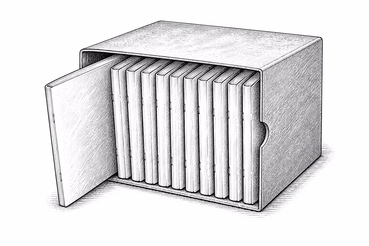 Gravure : onze livrets dans un coffret, le premier à moitié sorti.