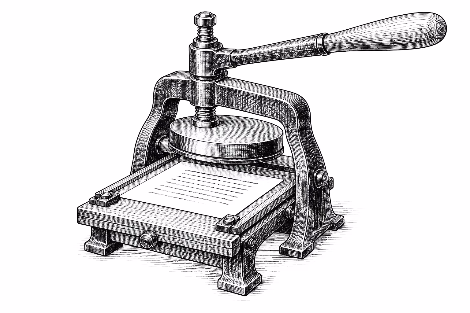 Gravure : une petite presse à imprimer et sa feuille fraîchement tirée.