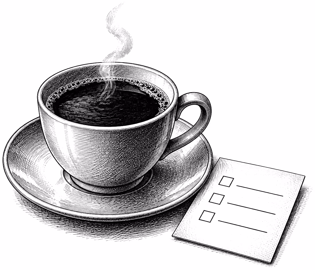 Gravure : une tasse de café et une fiche avec trois cases à cocher.
