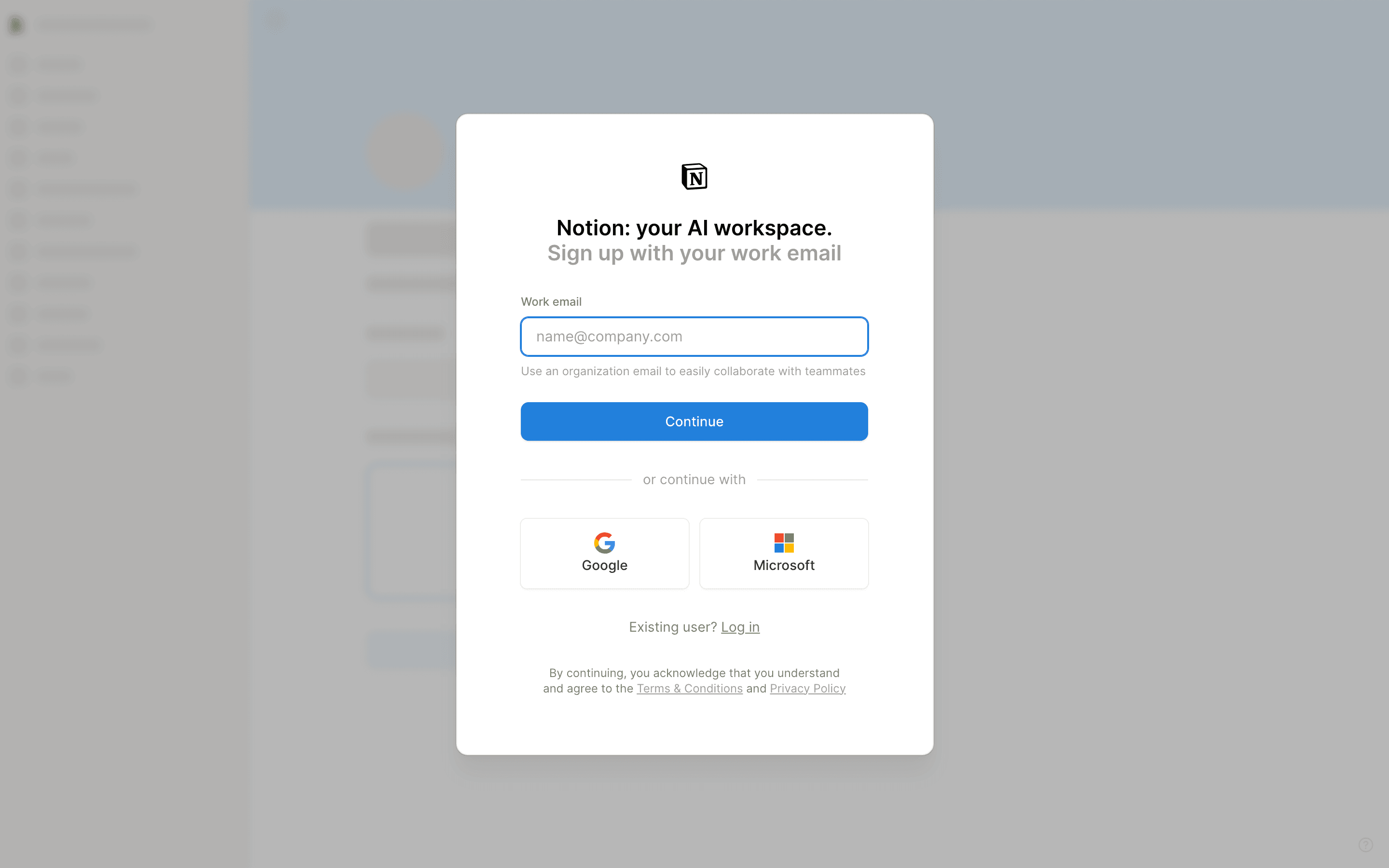 Le formulaire d'inscription de Notion : un seul champ « Work email » avec le microcopy « Use an organization email to easily collaborate with teammates », boutons Google et Microsoft