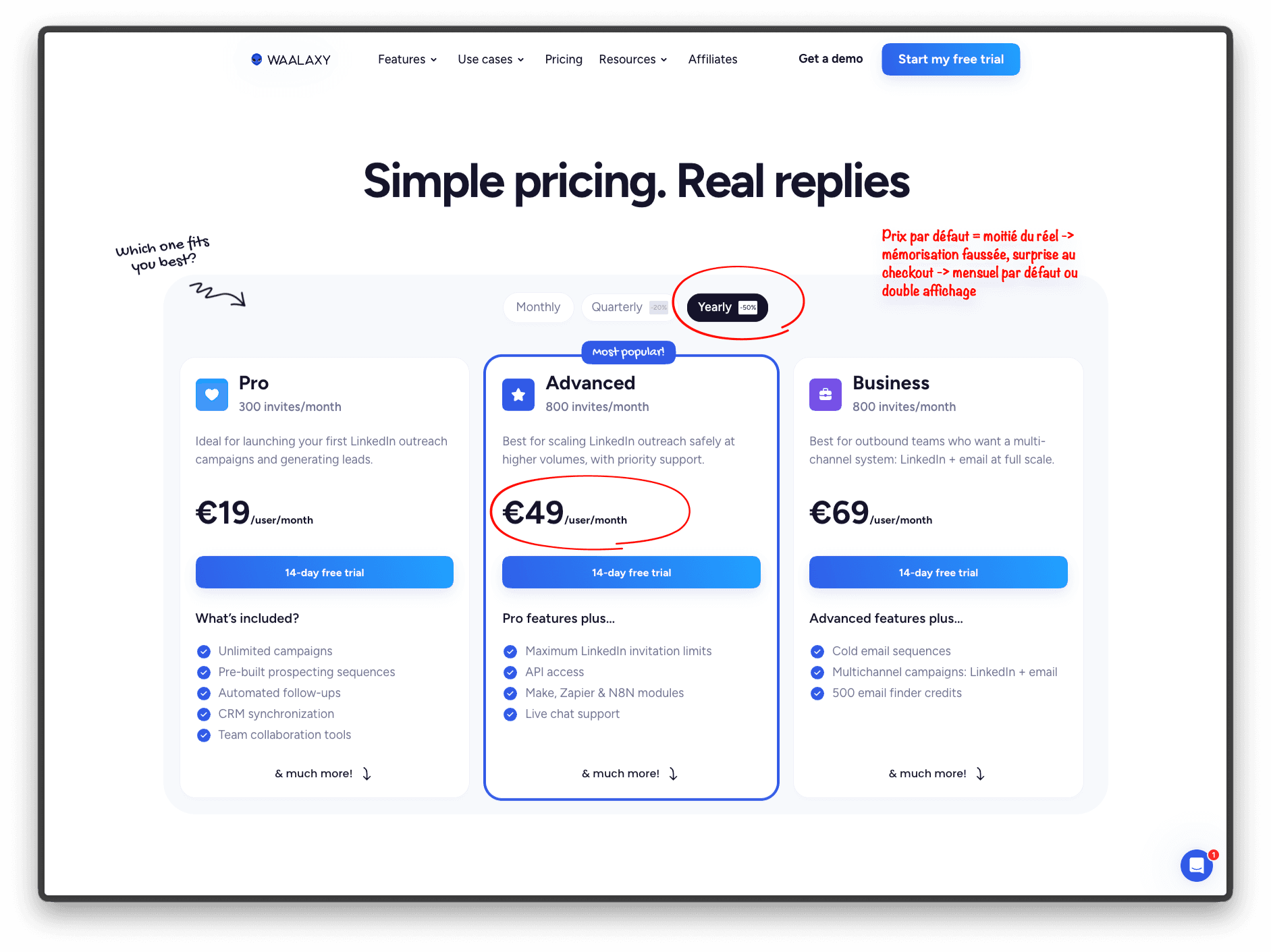 La page de tarifs de Waalaxy à l'arrivée : toggle présélectionné sur Annuel -50 % et plan Avancé affiché à 49 euros par utilisateur par mois