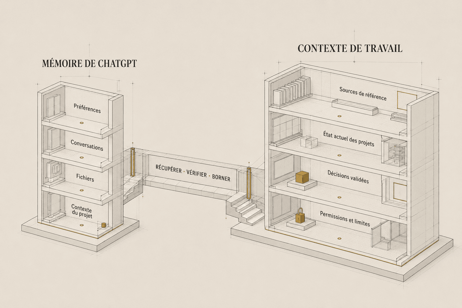 La mémoire de ChatGPT conserve préférences, conversations et fichiers, tandis que le contexte de travail ajoute sources de référence, état des projets, décisions et permissions