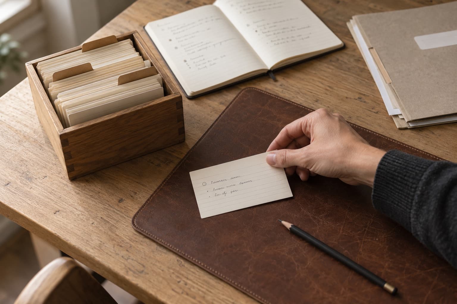 Une main pose une fiche manuscrite sur un sous-main de cuir, à côté d'une boîte à fiches en bois garnie d'intercalaires étiquetés et d'un carnet ouvert
