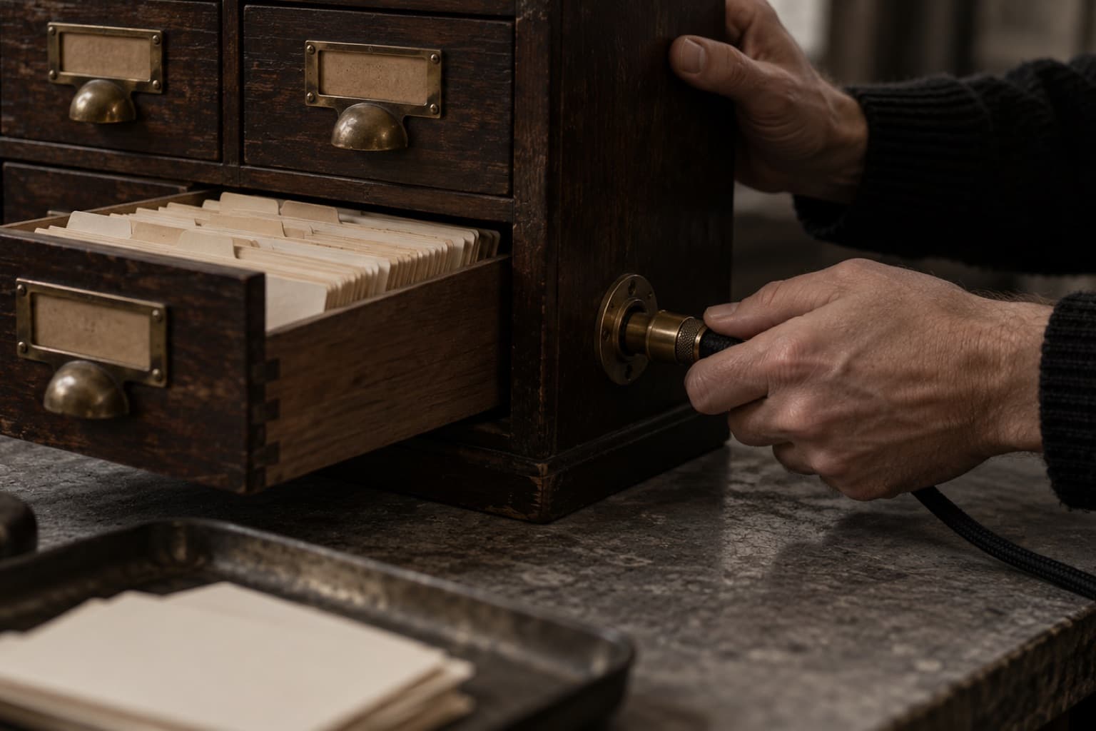 Deux mains branchent un câble sur un ancien meuble à fiches dont un tiroir ouvert montre des notes bien classées.