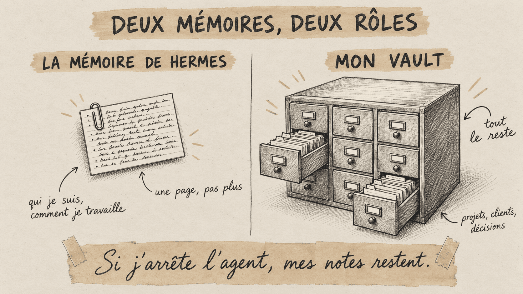 Croquis en deux colonnes : à gauche la mémoire de Hermes, une seule petite fiche pleine ; à droite le vault, un grand meuble de notes classées qui contient tout le reste.