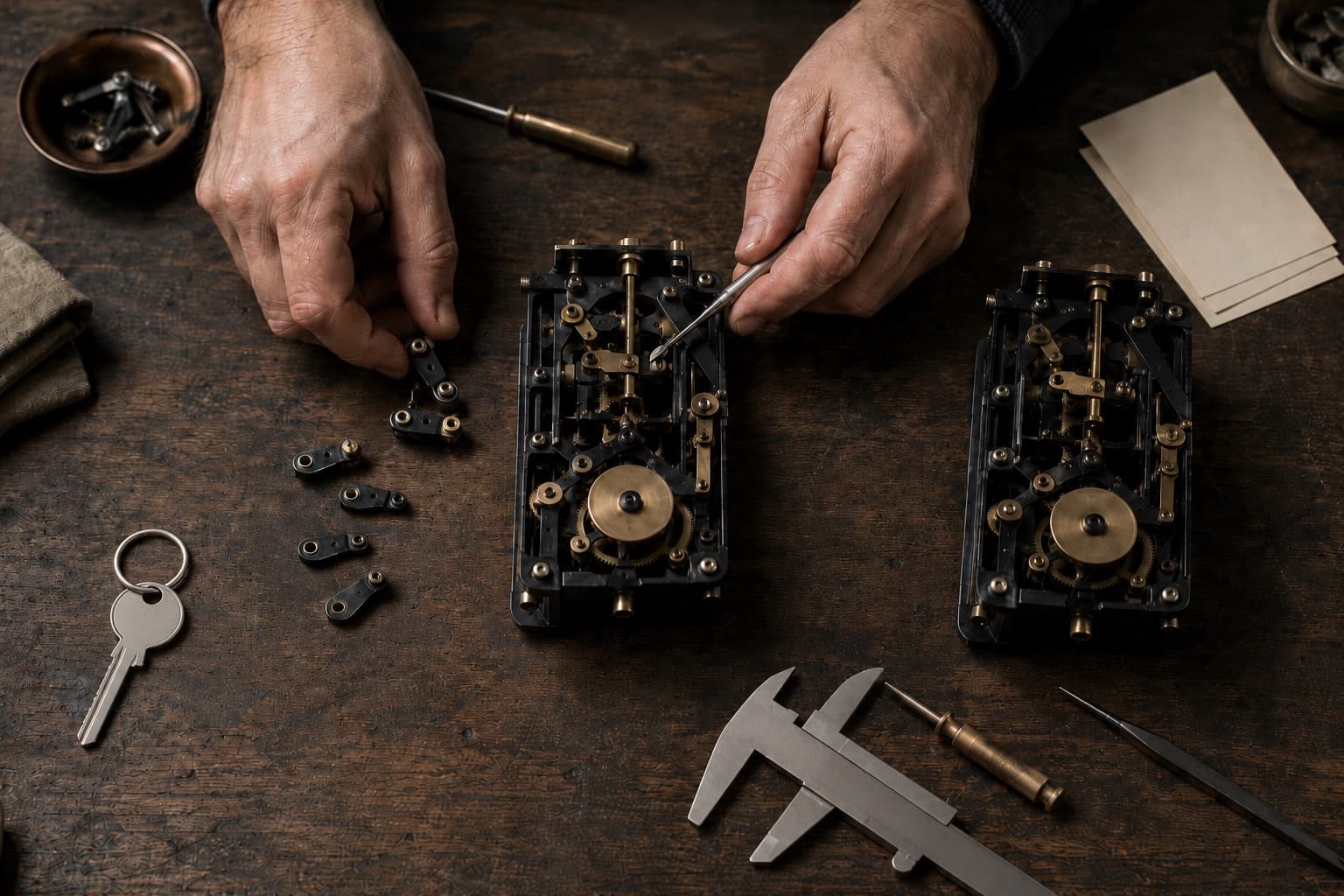 Deux mains révisent un mécanisme analogique sur un établi, en retirant des modules inutiles et en resserrant une butée de contrôle