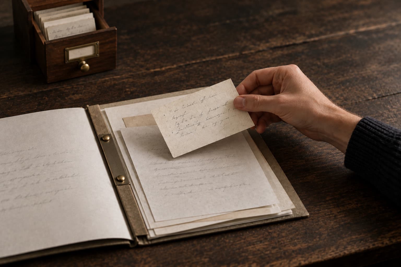 Sur une table de travail, une main rapproche une ancienne fiche d'un dossier ouvert ; au fond, le tiroir à fiches d'où elle vient