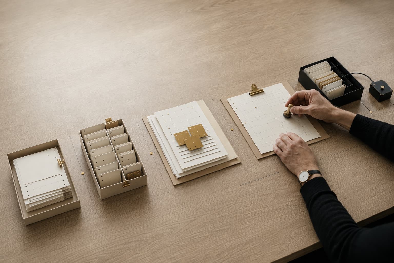 Deux mains organisent cinq étapes successives sur une table d'atelier, tandis qu'un élément numérique discret intervient à la fin du parcours