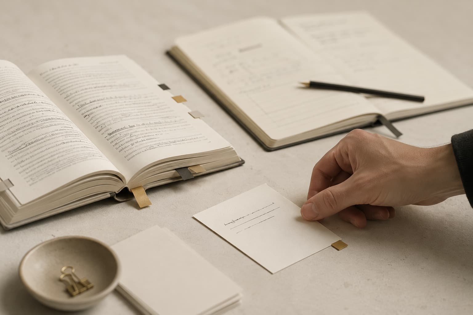 Une main sélectionne une seule fiche utile à côté d'un livre annoté et d'un carnet de lecture
