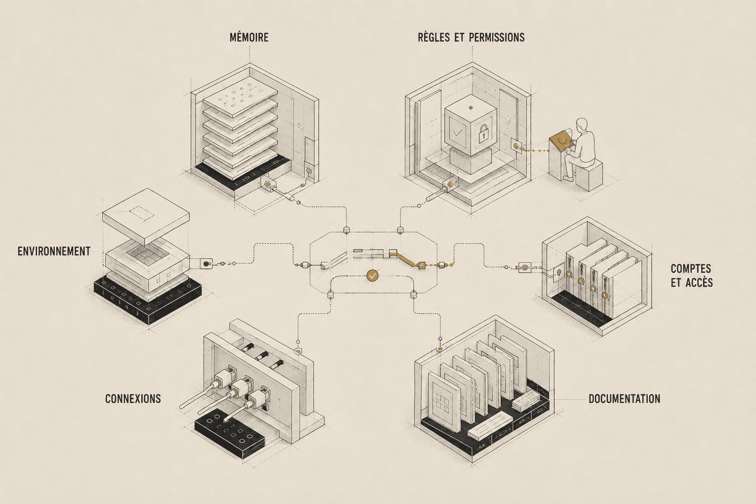 Six modules architecturaux représentent la mémoire, les règles et permissions, l'environnement, les comptes et accès, les connexions et la documentation nécessaires pour restaurer un système IA personnel