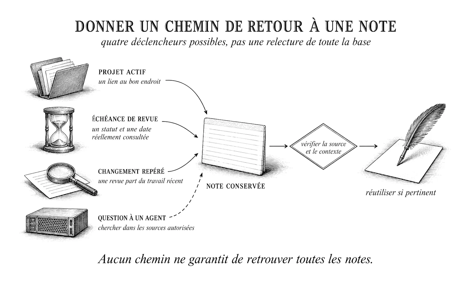 Quatre déclencheurs conduisent à une note conservée : projet actif, échéance de revue, changement repéré et question à un agent ; la note passe ensuite par un contrôle de la source et du contexte avant réutilisation
